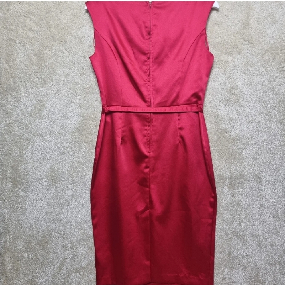 George Satin Dress Size 12 Red Pencil Dress Sweatheart Neckline Knee Length Belt - Picture 3 of 8